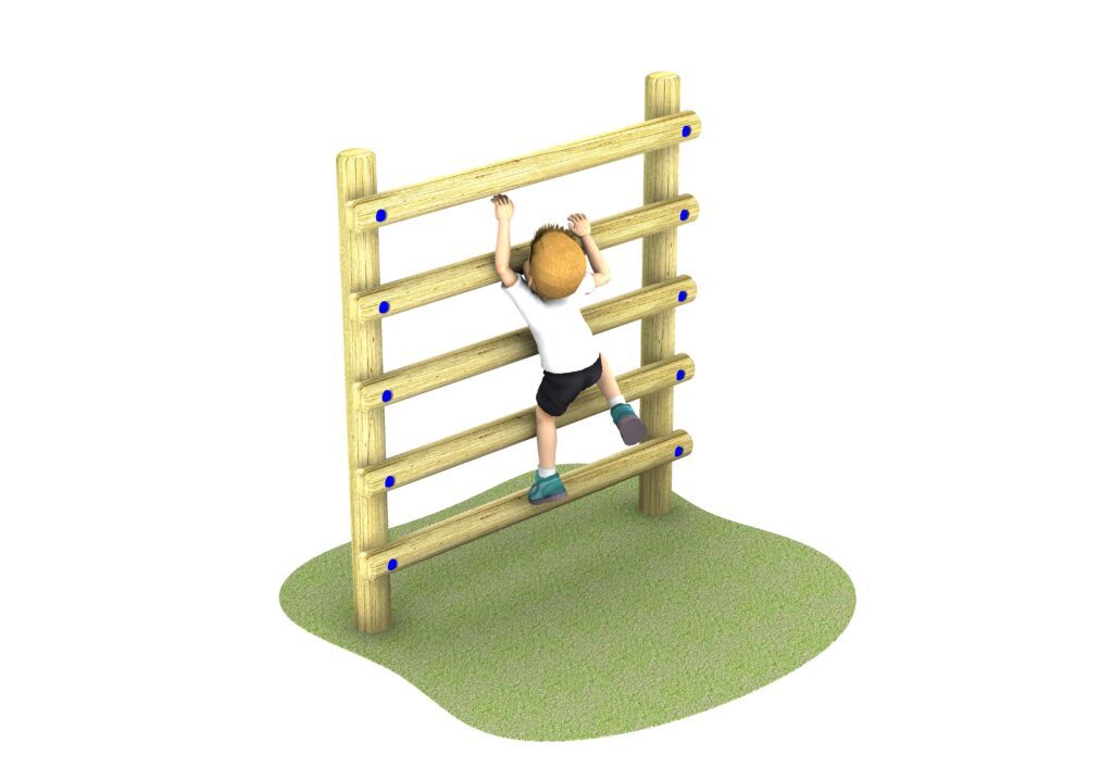 A child in a white t-shirt climbing the wooden ladder with five horizontal rungs and four vertical side posts, connected with blue fastenings, standing upright. Shown with grass surfacing