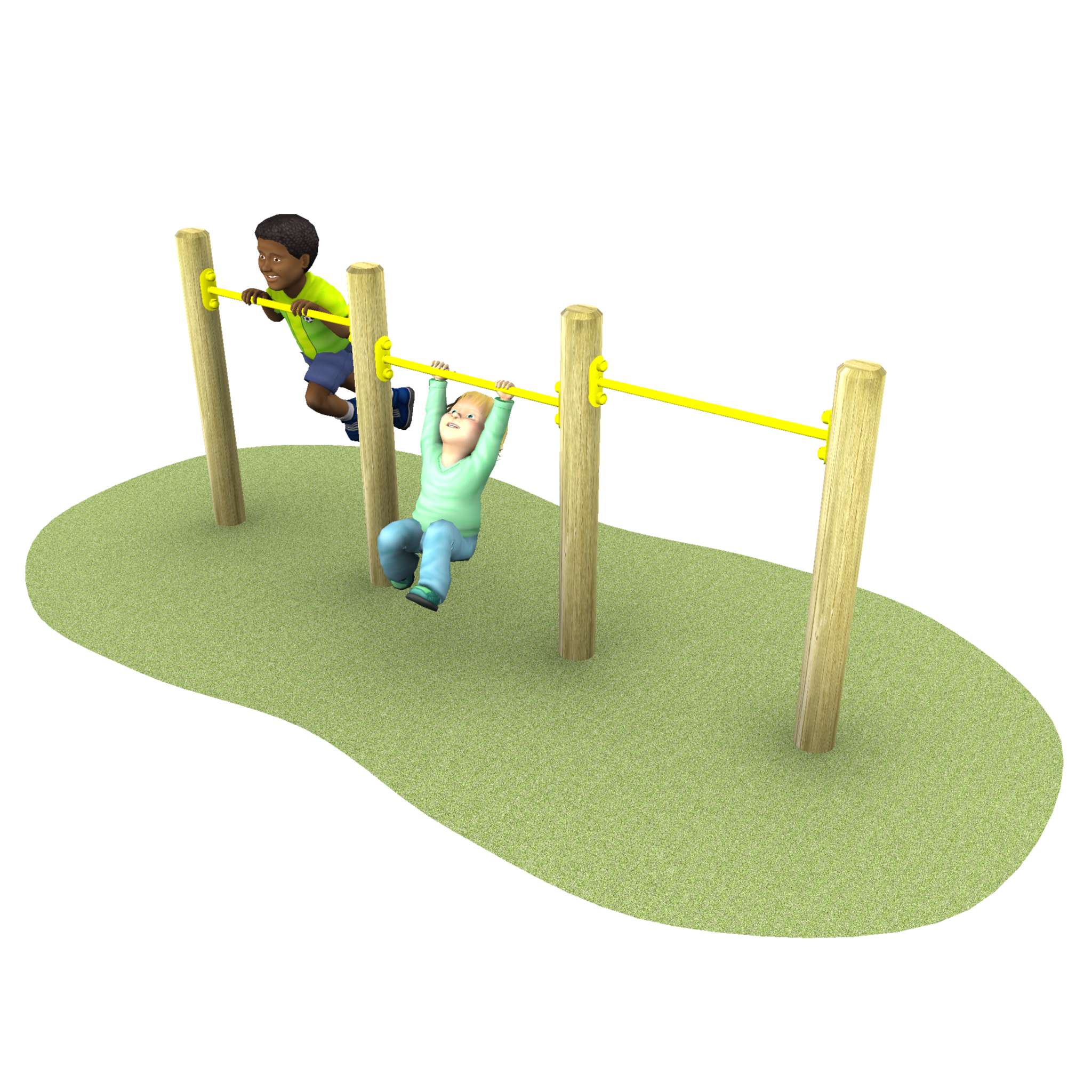 Two children playing on a gymnastics bar in a grassy area, one child hanging and the other climbing.