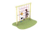 2 children using a Rope Wall Climber, featuring red and blue ropes attached to a sturdy wooden frame, stands on a green patch of ground for endless outdoor fun.