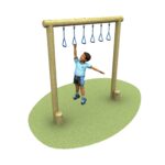 A child in a light blue shirt and dark shorts hangs from a Single Trapeze Swing with triangular handles on a playground structure.