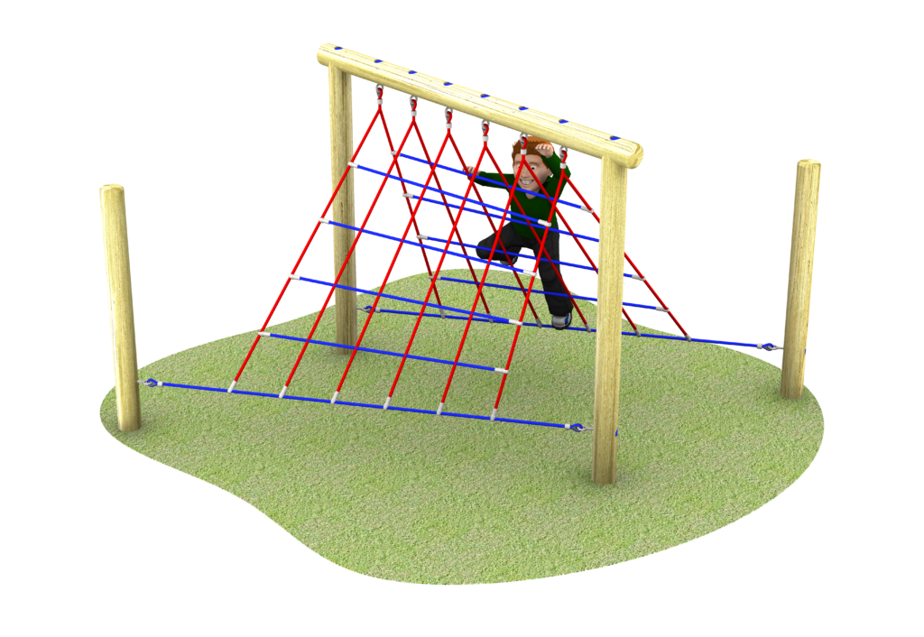 A playground climbing structure with a wooden frame and red and blue twisted rope net, set on a patch of green safety surface.