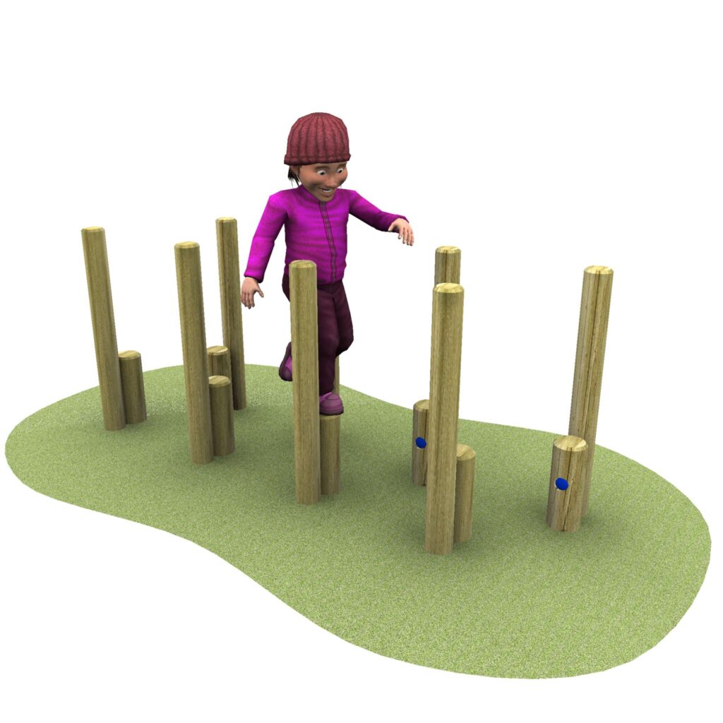 A child wearing a red hat and purple jacket balances on upright wooden posts set in artificial grass.