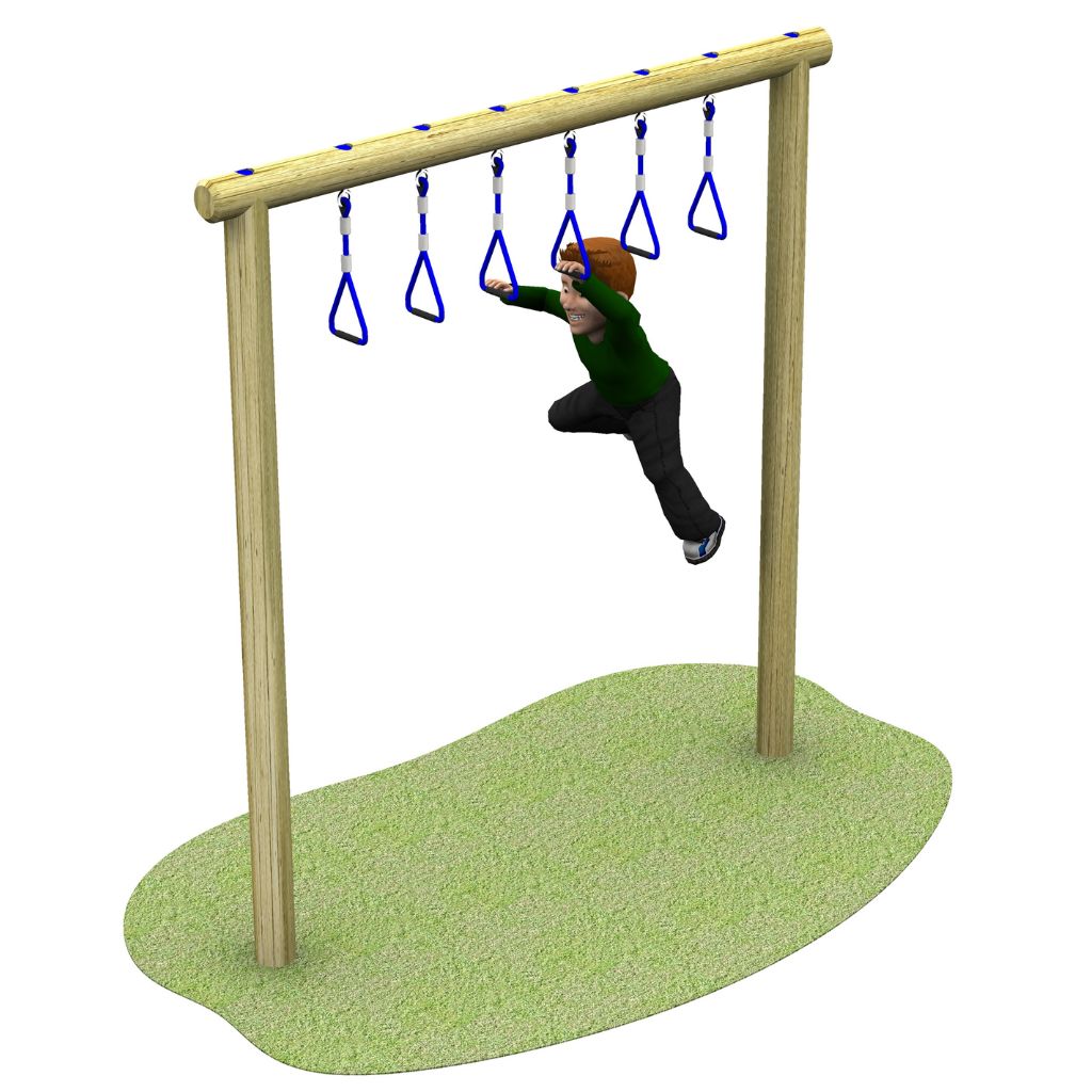 A child swings from triangular blue rings suspended from a wooden frame over a grassy surface.