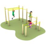 Three children play on a playground structure with yellow monkey bars and parallel bars, set on a patch of green ground.