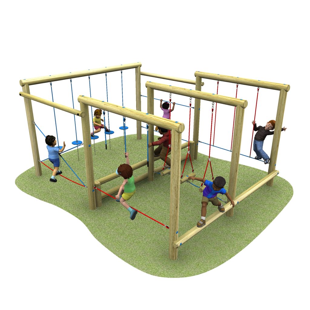 Children play on a wooden playground structure with ropes and platforms, reminiscent of a Mariner Space Frame, nestled in a grassy area.