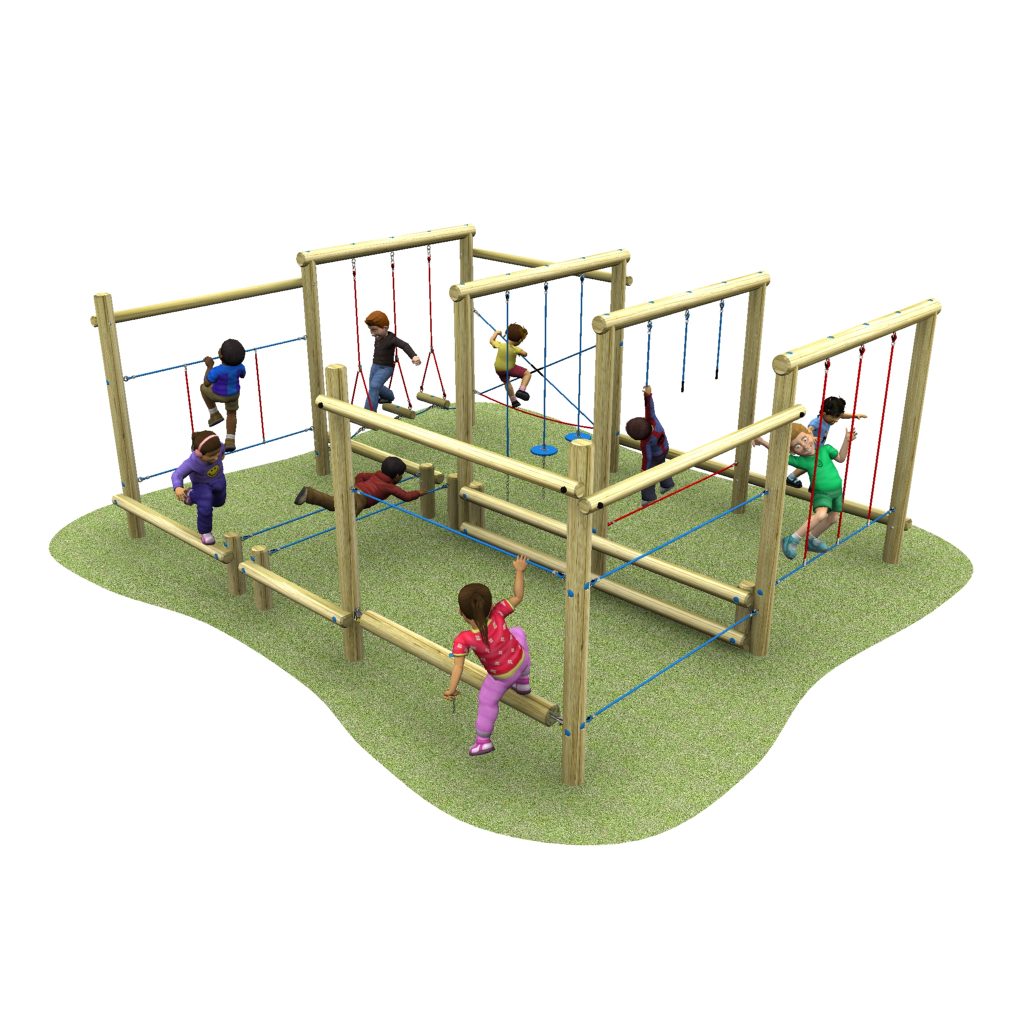 Children exploring the Ulysses Space Frame, a wooden jungle gym with ropes, filled with laughter and adventure.