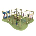Children exploring the Voyager Space Frame, a multi-structure playground set with ladders, climbing nets, and ropes on a green play area, delight in every adventure.