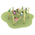 Six children climb and play on a wooden outdoor climbing frame with ropes, set on a green patch of ground.