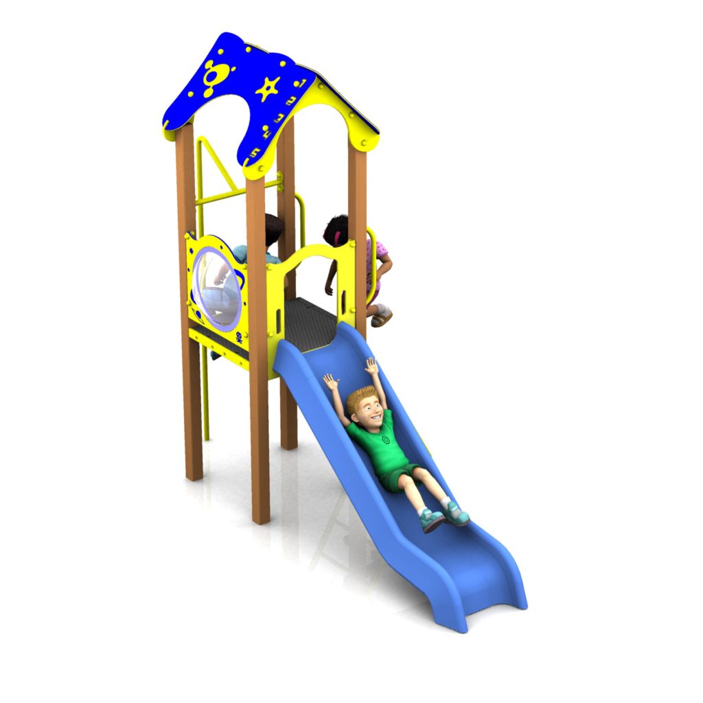 Children playing on the Ariane 1200mm with Poly Deck Slide, featuring a blue slide, yellow roof, and climbing elements. One child slides down whilst others enjoy the platform.
