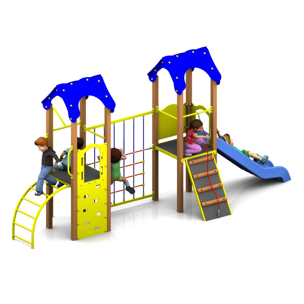Children play on a playground structure featuring the Fairfax Tower 1200mm with Poly Slide, climbing walls, ladders, and blue roofs with yellow panels, all set against a white background.