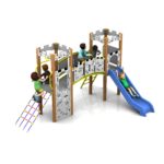 Children play on a castle-themed Lancelot Tower 1200mm with Poly Slide, featuring climbing walls, a rope ladder, a bridge, and a bright blue chute.