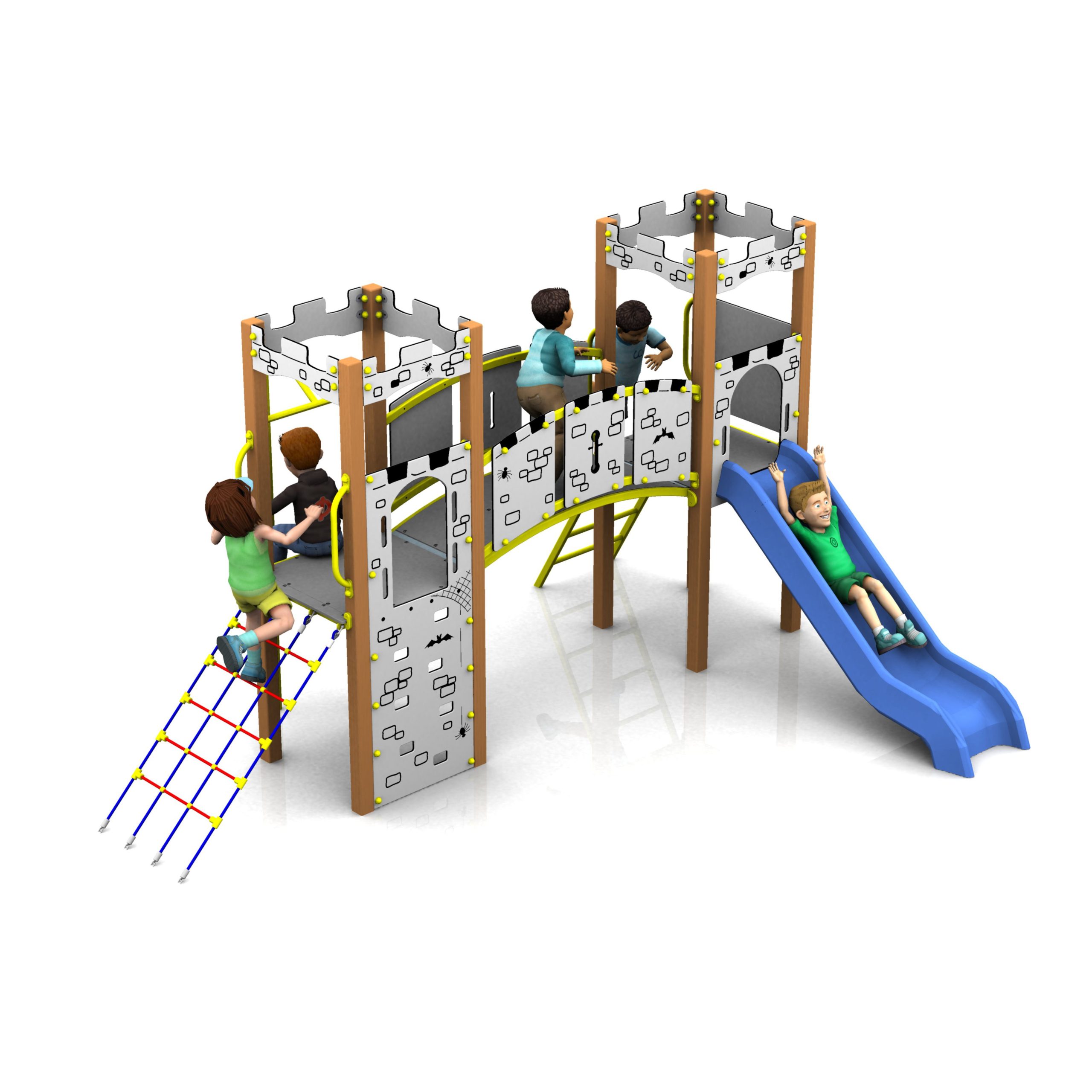 Children play on a castle-themed Lancelot Tower 1200mm with Poly Slide, featuring climbing walls, a rope ladder, a bridge, and a bright blue chute.