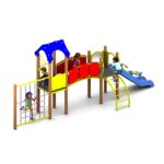 Children play on a colourful playground featuring the Lexington Tower 1200mm with Poly Slide, a climbing net, and a curved ladder.