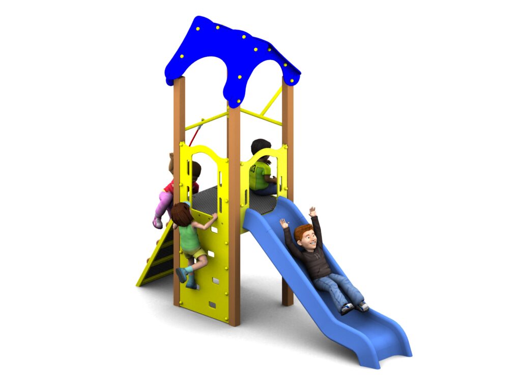 Four children play on the Melrose Tower 1200mm with Poly Slide, featuring a yellow climbing wall, a blue slide, and a blue roof; one child slides down while others climb.