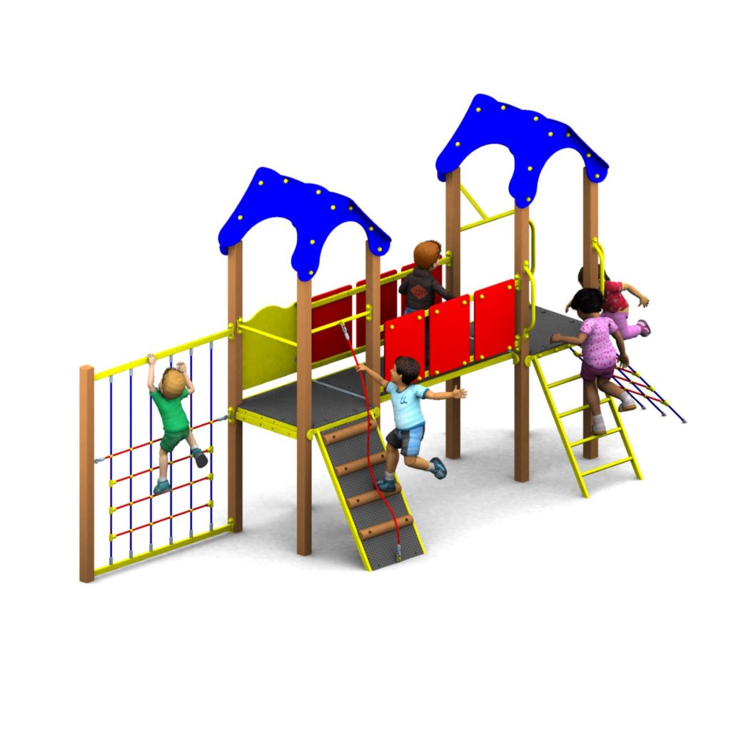 Five children play on a colourful Meteor Tower 1200mm playground structure with slides, ladders, and climbing nets.