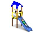 Three children play on a Sunset Tower 1200mm with Poly Slide, featuring a blue slide, yellow climbing panel, and blue roof; one child slides down whilst two climb up.