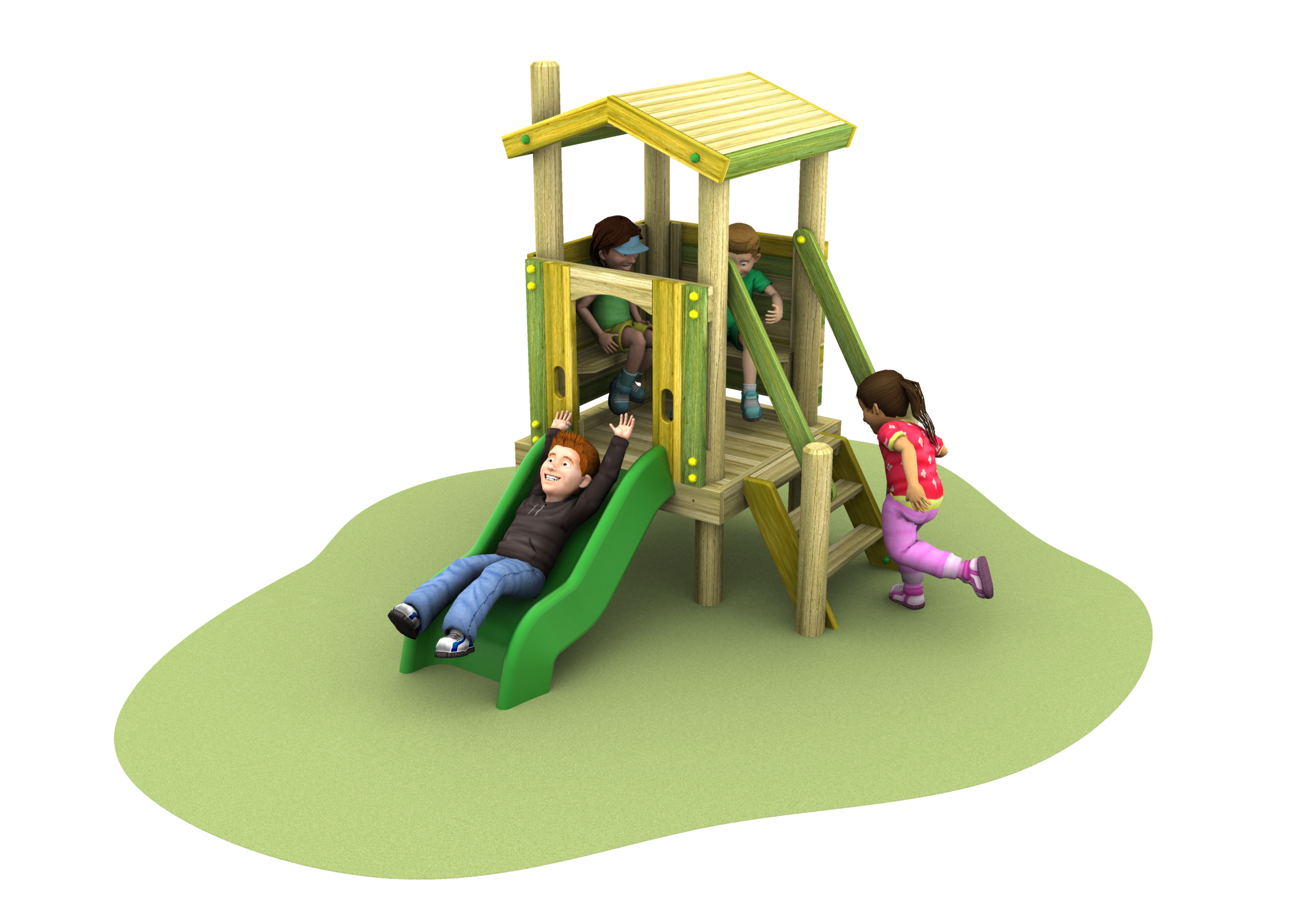 Four children are playing on the Young Explorer - Crusoe 600mm wooden playground structure, which features a green slide and steps on a patch of grass.