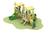 Children are playing on a wooden Young Explorer - Marco Polo 600mm playground set with two towers, a slide, a rope bridge, and climbing elements on a grassy surface.