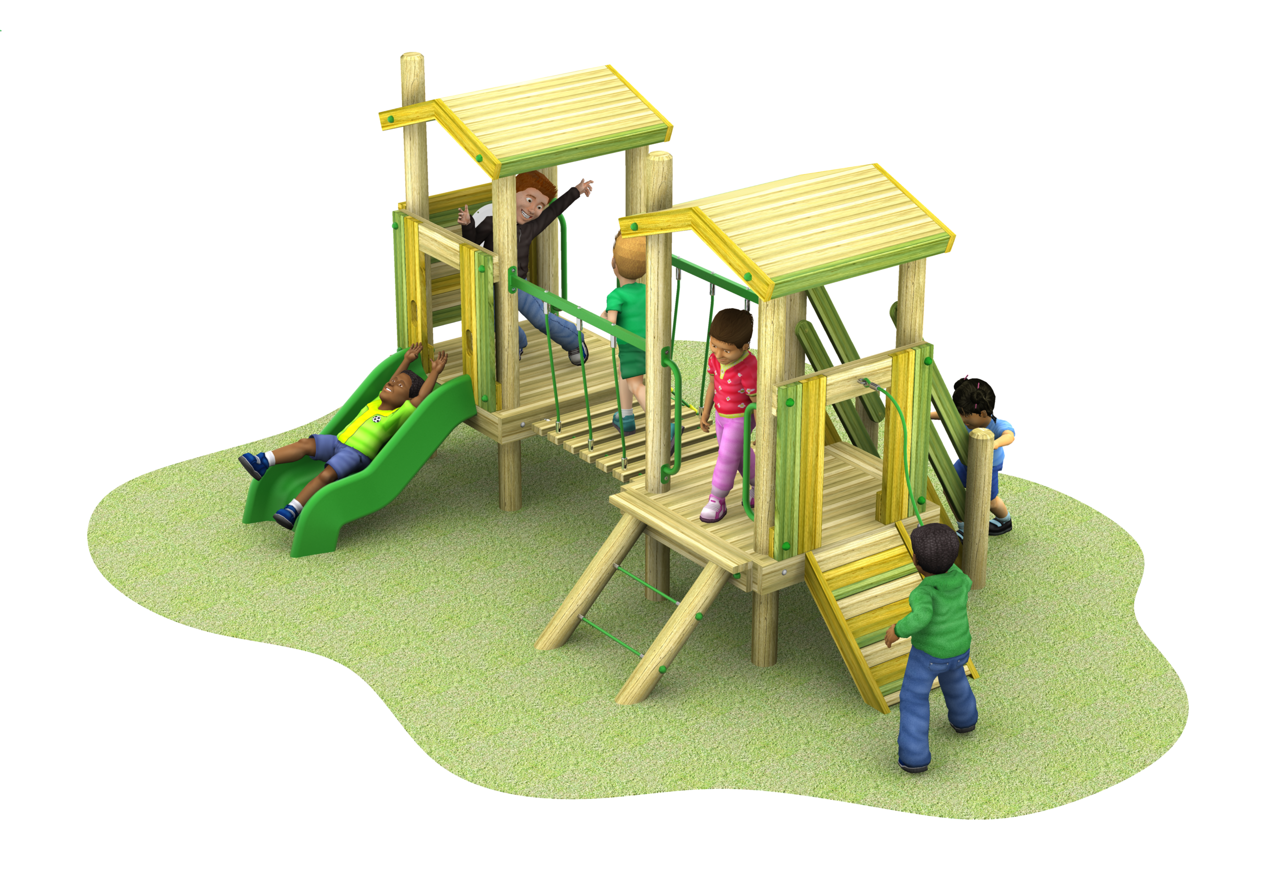 Children are playing on a wooden Young Explorer - Marco Polo 600mm playground set with two towers, a slide, a rope bridge, and climbing elements on a grassy surface.