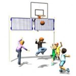 Five cartoon children play basketball, jumping and reaching as the ball goes through the hoop attached to a fence.