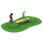 Two children play on a wooden balance beam set between two grassy mounds, with one child balancing and the other approaching.