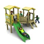 Four children play on a Young Explorer - Raleigh 600 to 900mm wooden playground structure with two platforms, a bridge, steps, and a green slide; one child slides down whilst others interact around the equipment.