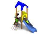 Three children are playing on the Apollo Tower 900mm with Poly Slide, enjoying the blue slide, rope ladder, and canopy roof.