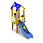 Three children play on the Ariane 900mm with Poly Deck Slide, featuring a blue slide, yellow panels, and a roof decorated with stars and the number eight. One child is sliding down whilst two are on the platform.