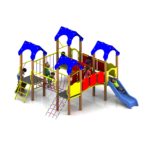 Children play on a colourful playground structure featuring the Belair Tower 900mm with Poly Slide, along with climbing nets, stairs, and blue roof canopies.