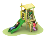 Four children play on a Young Explorer - Crusoe 900mm wooden playground structure, climbing ropes, sliding down the slide, and gathering on the small roofed platform.