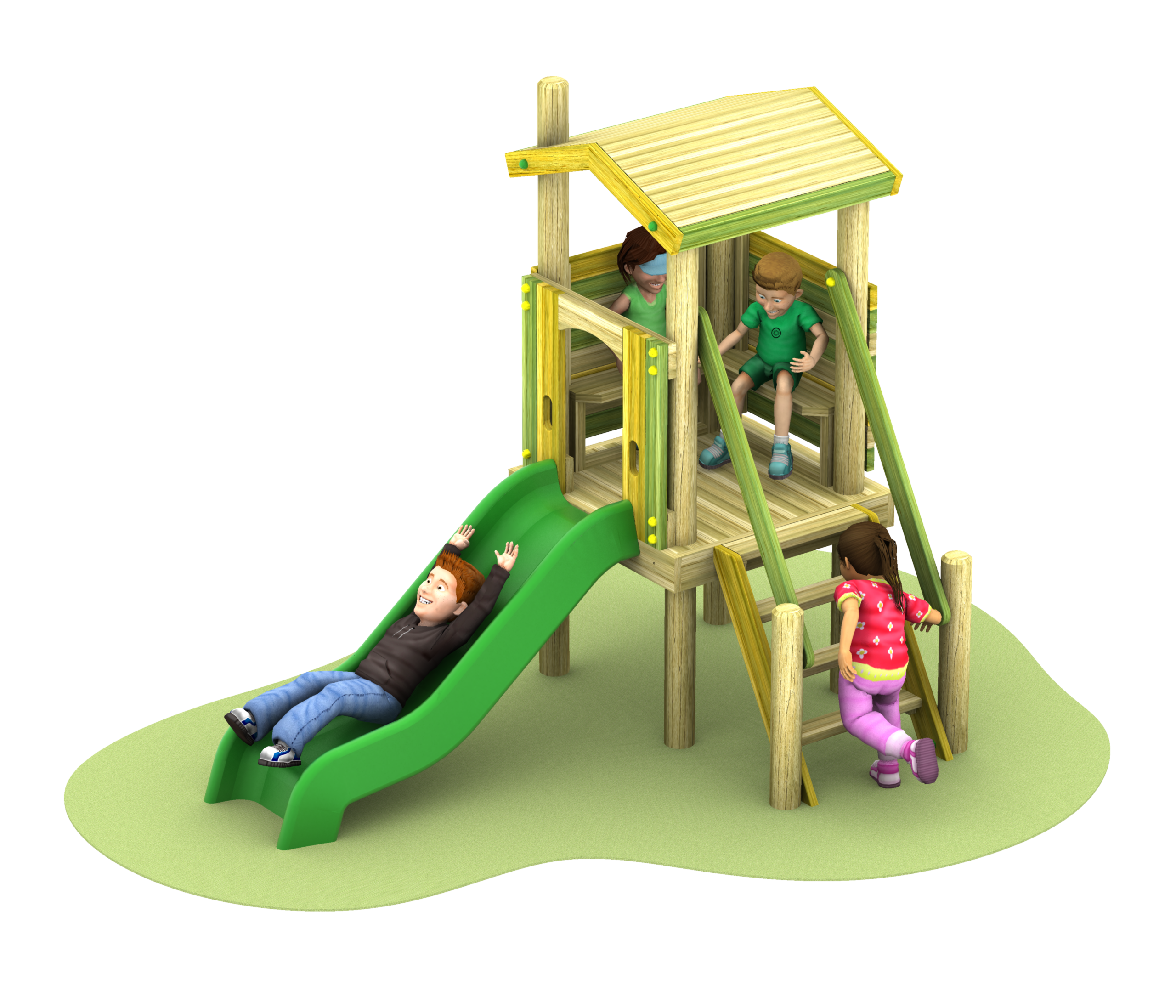 Four children play on a Young Explorer - Crusoe 900mm wooden playground structure, climbing ropes, sliding down the slide, and gathering on the small roofed platform.