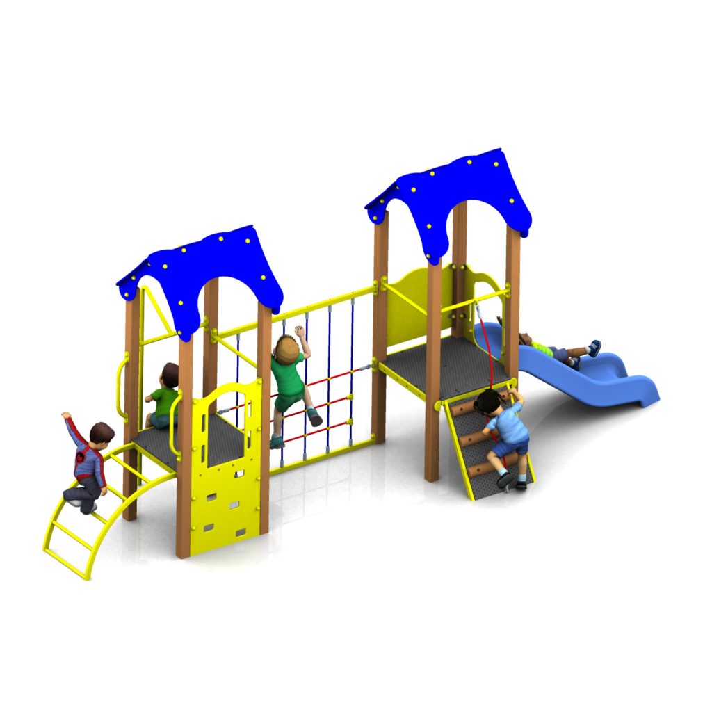 Children play on a colourful Fairfax Tower 900mm with Poly Slide playground structure featuring climbing bars, platforms, ladders, and a blue slide, set against a white background.