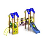 Children play on a colourful playground structure featuring the Intrepid 900mm with Poly Deck Slide, climbing wall, rope bridge, and ladders. Blue and yellow panels adorned with stars and moons add to the fun atmosphere.