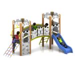 Children playing on a playground featuring the Lancelot Tower 900mm c/w Poly Slide, complete with two towers, climbing walls, a rope ladder, a bridge, and an exciting blue slide.
