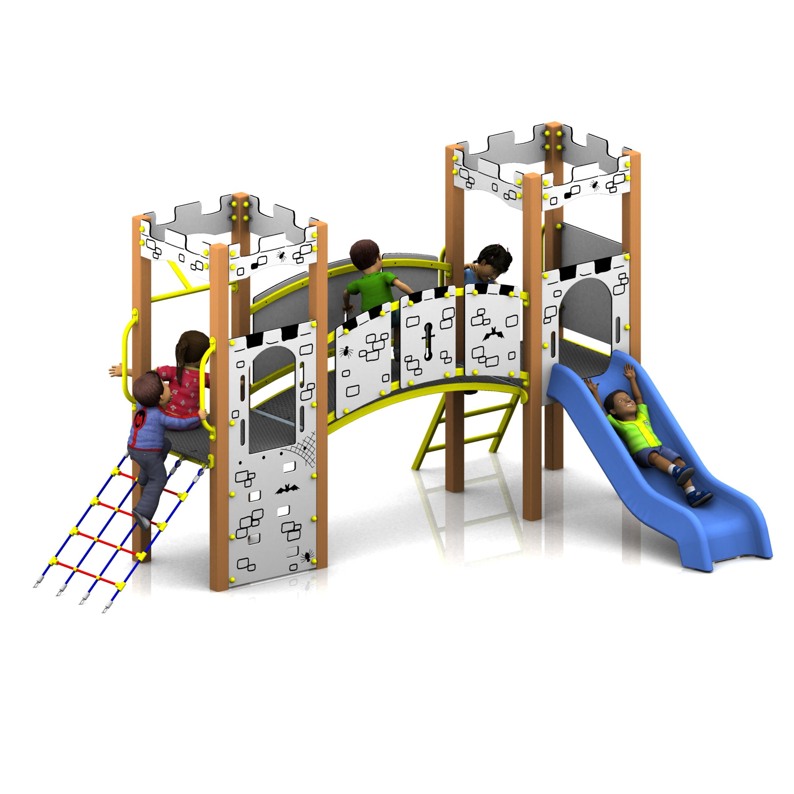 Children playing on a playground featuring the Lancelot Tower 900mm c/w Poly Slide, complete with two towers, climbing walls, a rope ladder, a bridge, and an exciting blue slide.