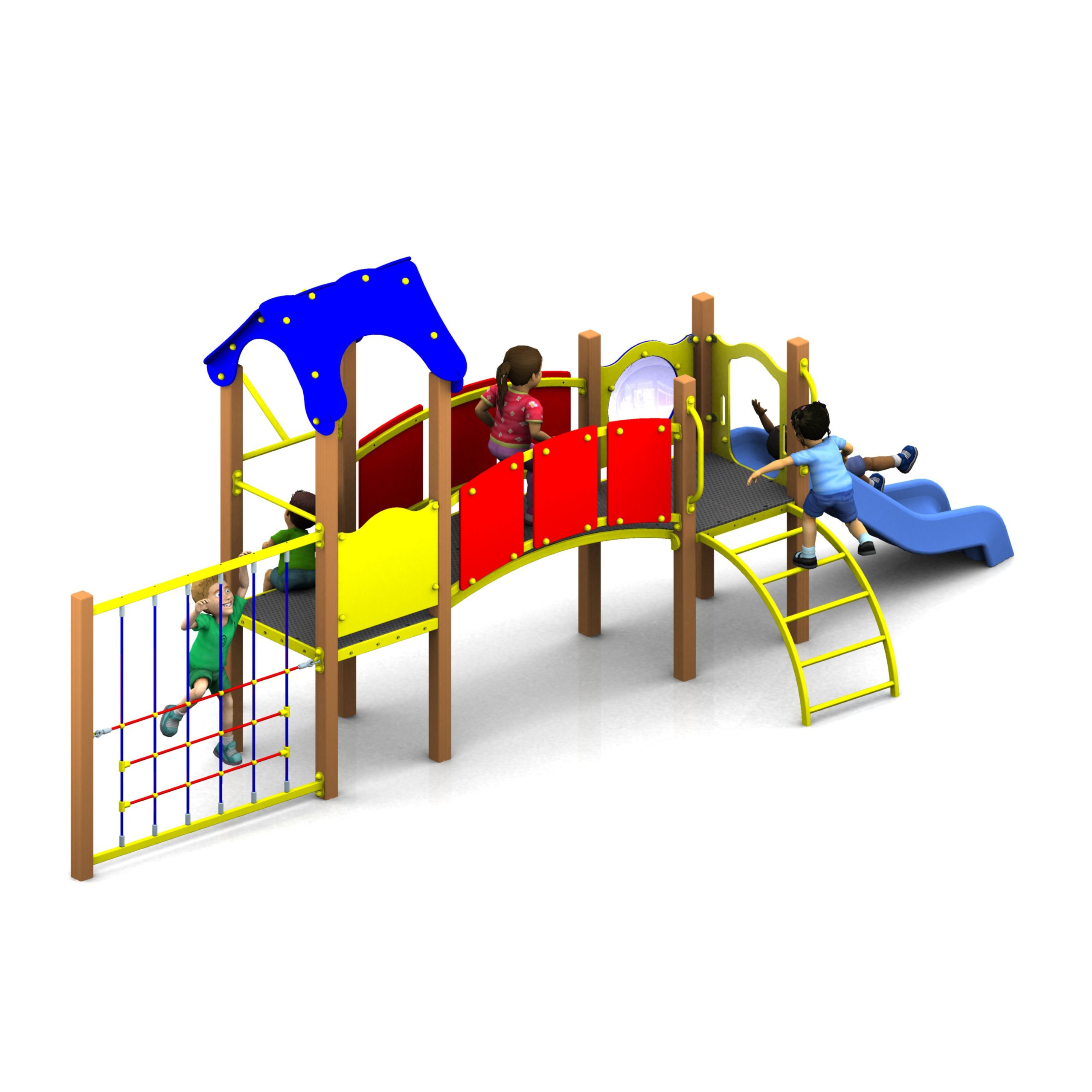 Three children play on a colourful Lexington Tower 900mm with Poly Slide playground structure featuring a slide, climbing net, bridge, and ladder, set against a white background.