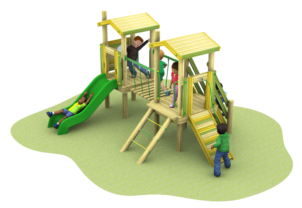 Four children play on a Young Explorer – Marco Polo 900mm wooden playground structure with two slides, a bridge, and a climbing ladder, set on a grassy area.