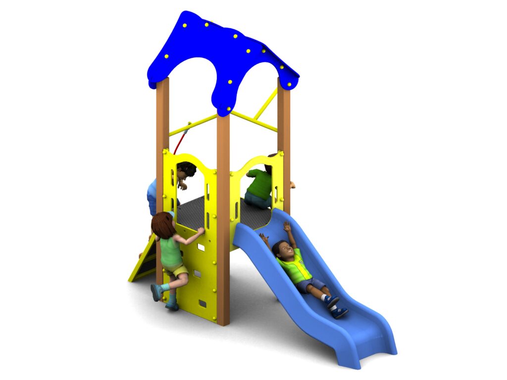 Three children play on a Melrose Tower 900mm with Poly Slide; one child slides down the blue slide while two others climb and explore the yellow panels of the playground structure.