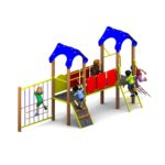 Four children play on a Meteor Tower 900mm playground structure with climbing nets, ladders, and platforms covered by blue roofs, isolated on a white background.