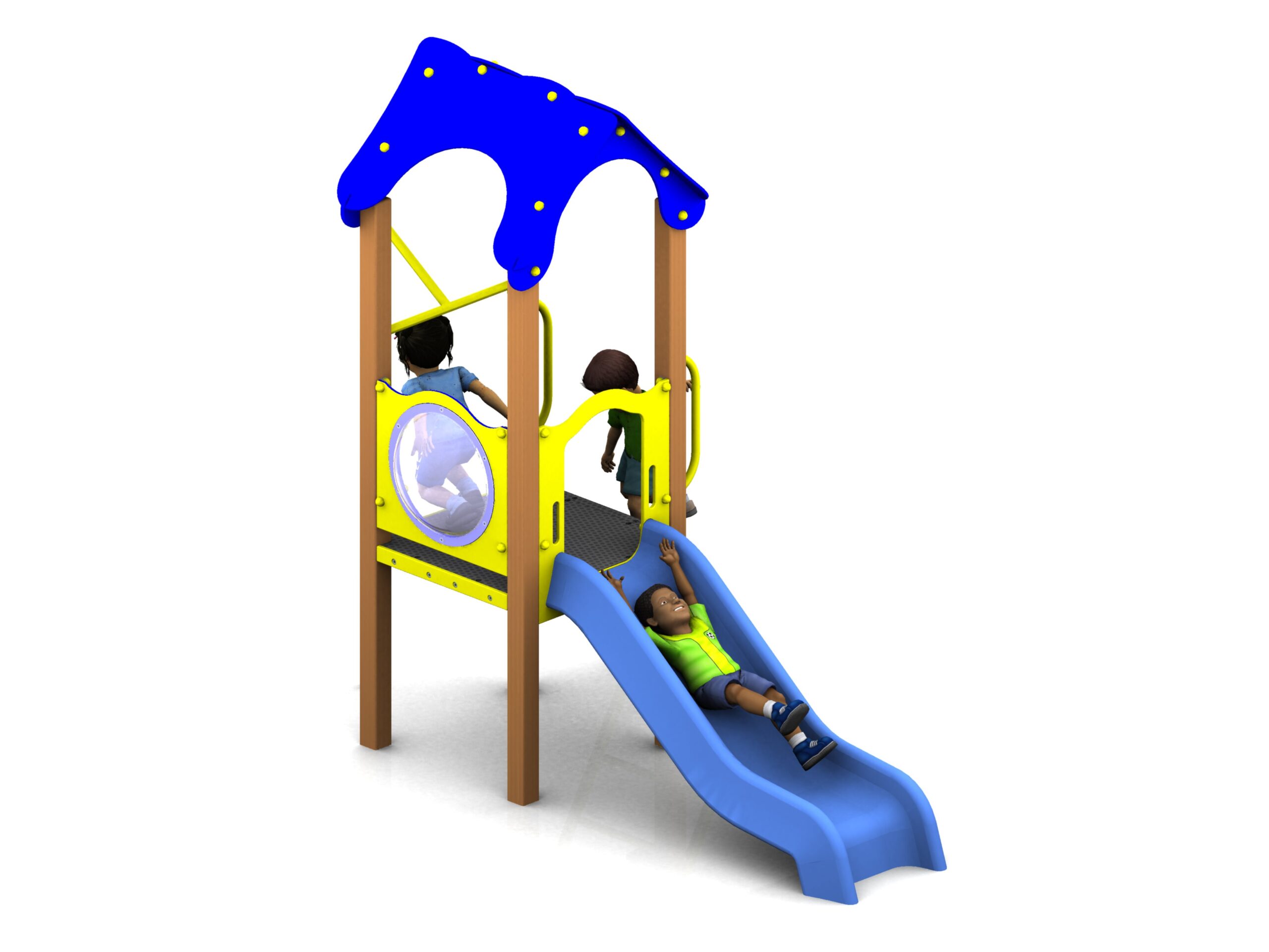 Three children play on a Sunset Tower 900mm with Poly Slide, featuring yellow panels and a blue roof. One child slides down the poly slide while two others stand on the platform, enjoying the vibrant playground structure.