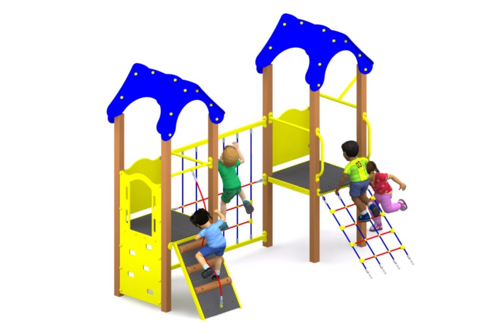 Three children play on a Twister Tower 900mm playground structure with blue roofs, yellow panels, and climbing nets. One child is climbing a net on the left, whilst two others climb a net on the right.