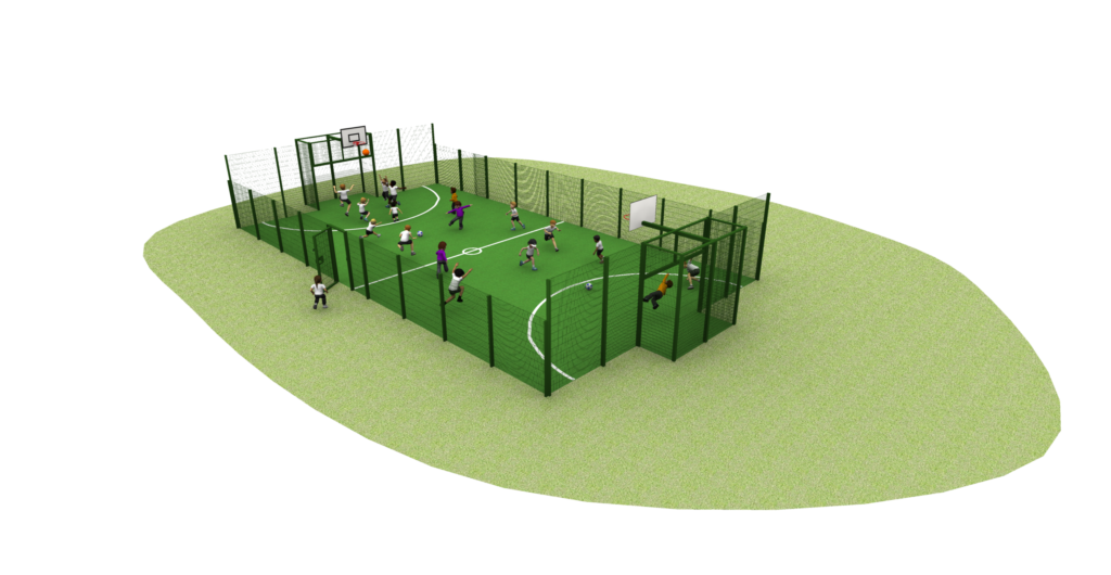 A fenced Multi-Use Games Area with children playing basketball and soccer; goals and hoops are visible at each end.