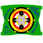 Illustration of a green airlock control panel with gears, labelled “LOCK” and “UNLOCK,” featuring spaceship and rocket icons.