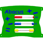 Green abacus board with three rods: red beads labelled 100, blue beads labelled 10, and yellow beads labelled 1. Mathematical symbols and the word Abacus are displayed.