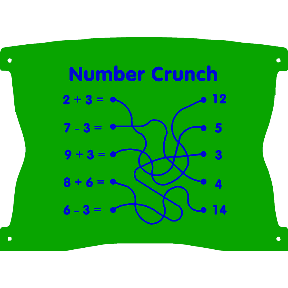 A green panel titled Number Crunch shows maths problems on the left, numbers on the right, and curvy lines matching each equation to its answer.