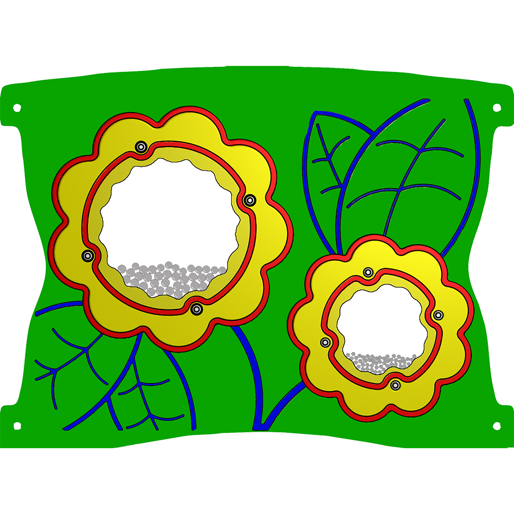 A green panel with two yellow- and red-outlined flowers, each with a clear circular window containing small grey beads, and two large leaves with blue veins.