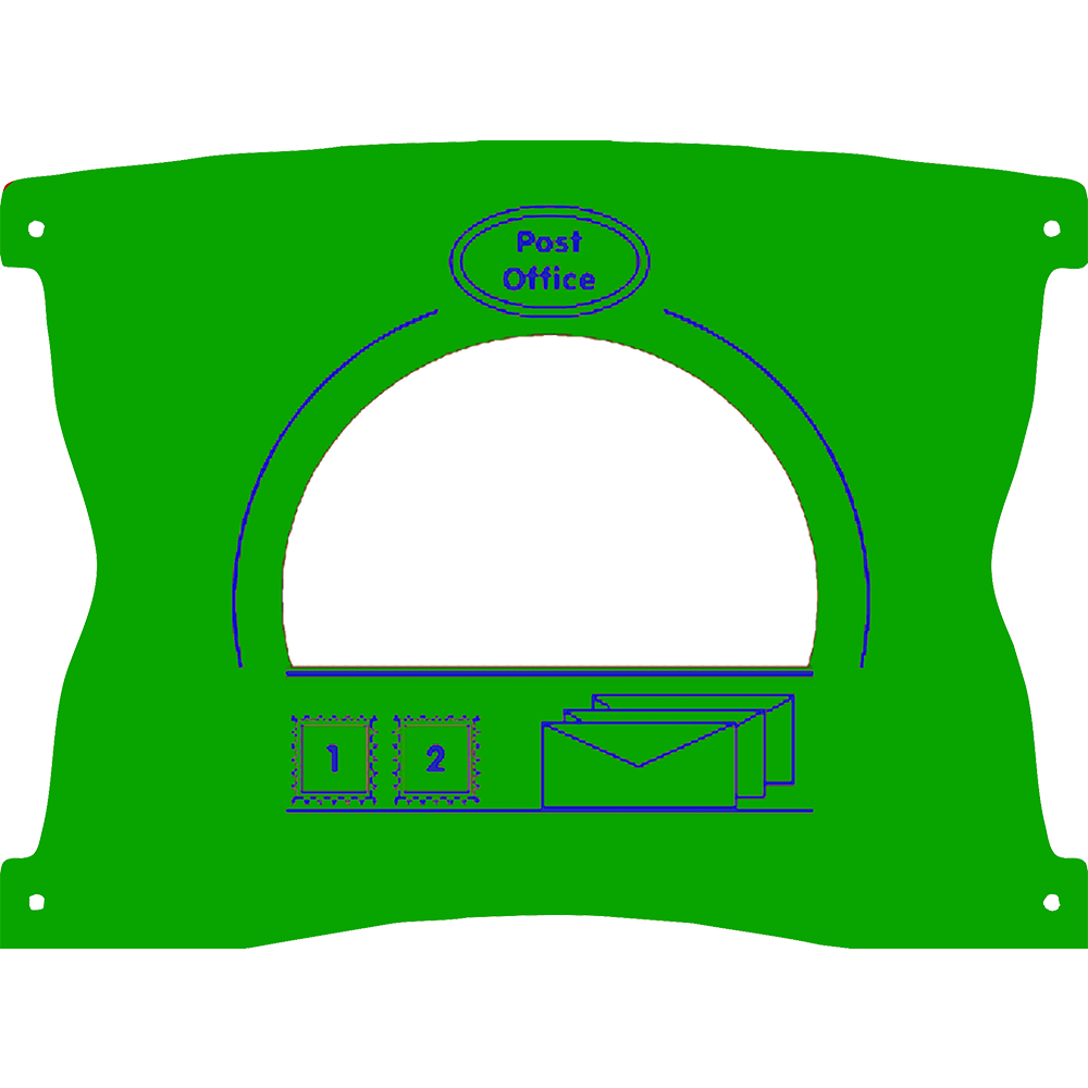 Green post-themed board with a large circular cut-out labelled Post Office, two numbered slots, and three envelopes illustrated below.