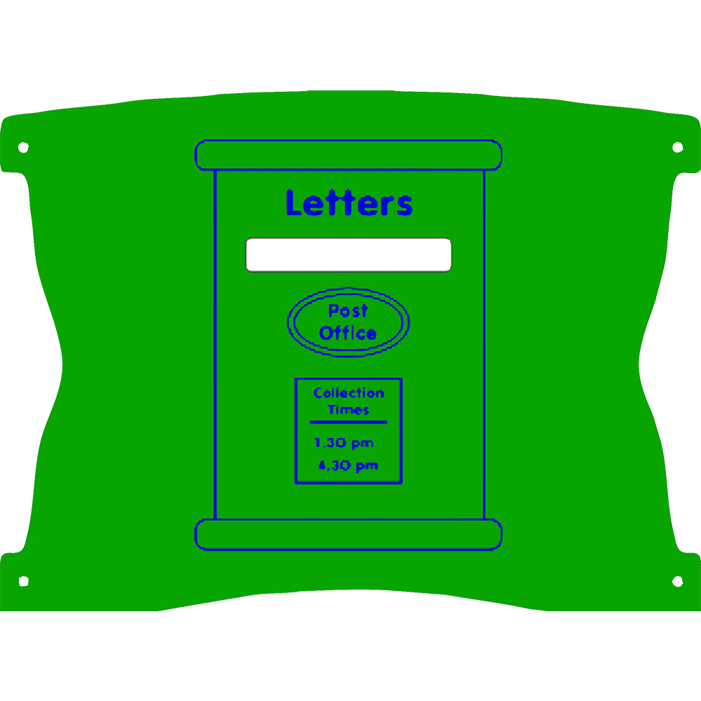 A green rectangular sign with a drawing of a postbox labelled Letters, Post Office, and Collection Times: 1.30 pm, 4.30 pm.
