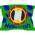 Green panel with blue water droplets, a central spinning mechanism, and the words Make it rain at the bottom in bold blue letters.