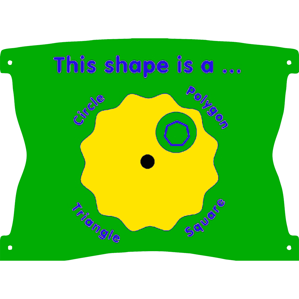 A yellow shape with multiple sides, labelled as a polygon, is centred on a green background with the words This shape is a ... and other shape names including circle, triangle, and square.
